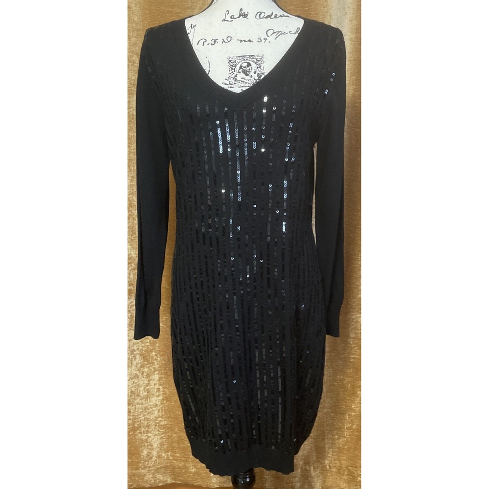Women's TAHARI Sequin Black Sweater Dress Size Medium Y2K Mini
